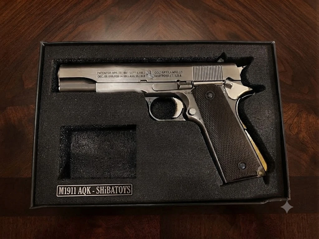 Mô hình Súng Kim Loại M1911 MÀU BẠC – AQK , đạn nhựa 6mm / cắc bụp , tỷ lệ 1 : 1
